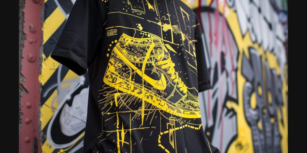 Black T-shirt with Yellow Sneaker Graphic Print